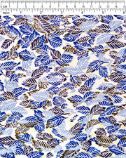Japanese chiyogami paper featuring blue leaves on a metallic gold background.