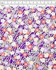 This design features purple, red, white, and yellow plum blossoms on a purple background with metallic gold accents.
