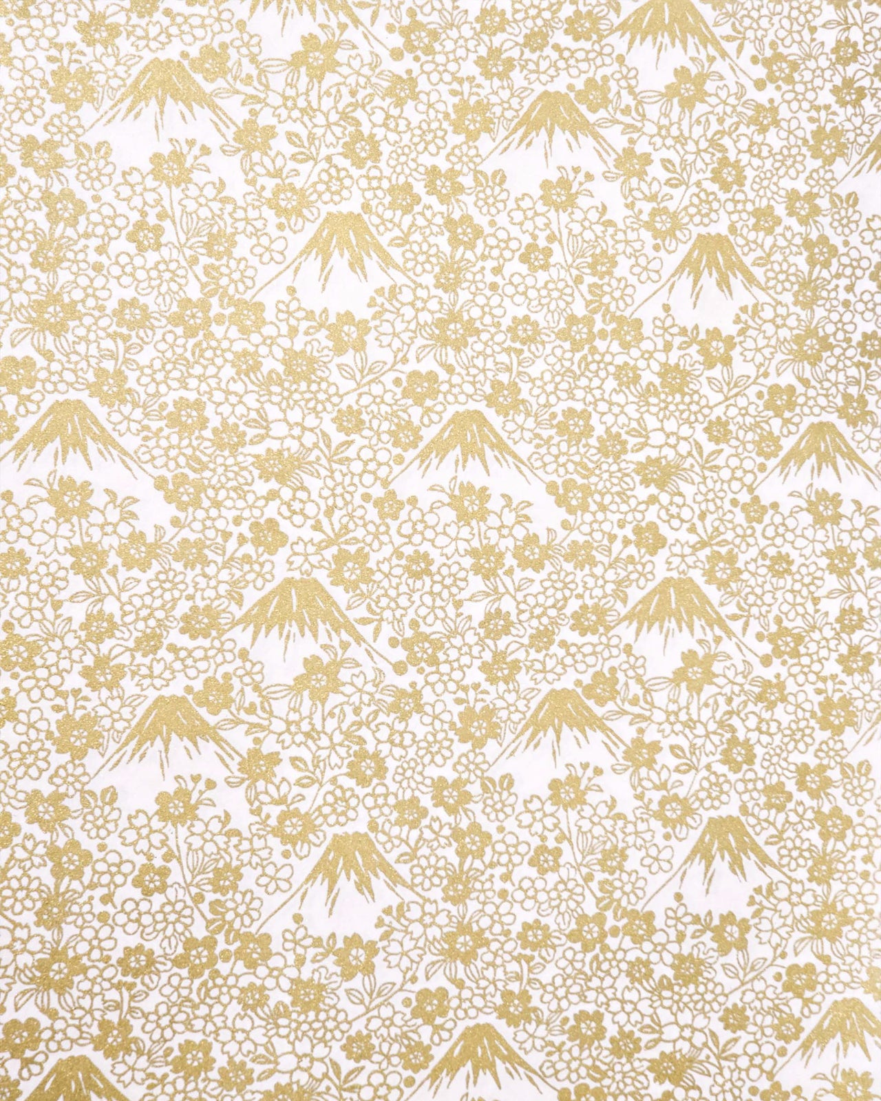 Japanese chiyogami paper featuring metallic gold Mt. Fujis and cherry blossoms on a light pink background.
