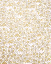 Japanese chiyogami paper featuring metallic gold Mt. Fujis and cherry blossoms on a light pink background.