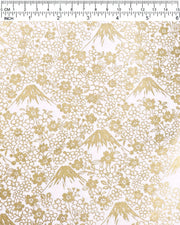 Japanese chiyogami paper featuring metallic gold Mt. Fujis and cherry blossoms on a light pink background.