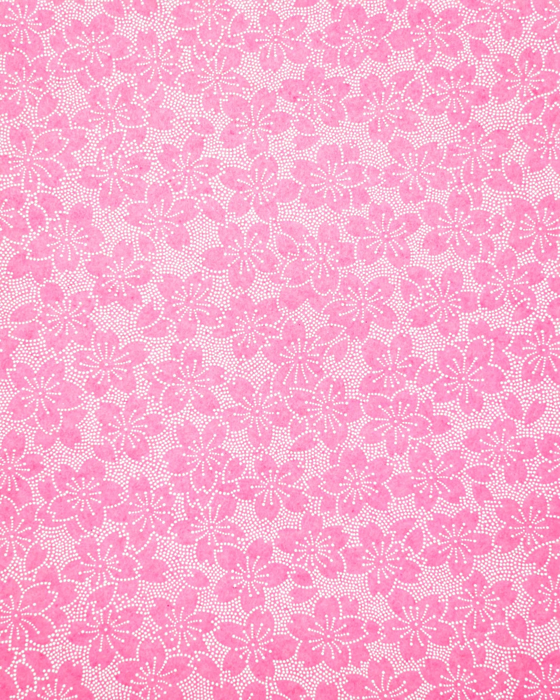Japanese chiyogami paper featuring a pointillistic cherry blossom design on a pink background.