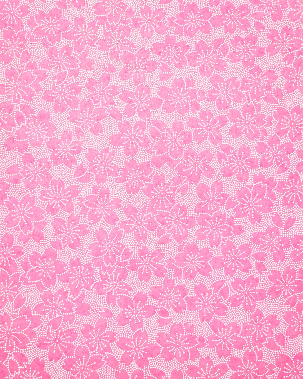 Japanese chiyogami paper featuring white pointillistic cherry blossoms on a pink background.