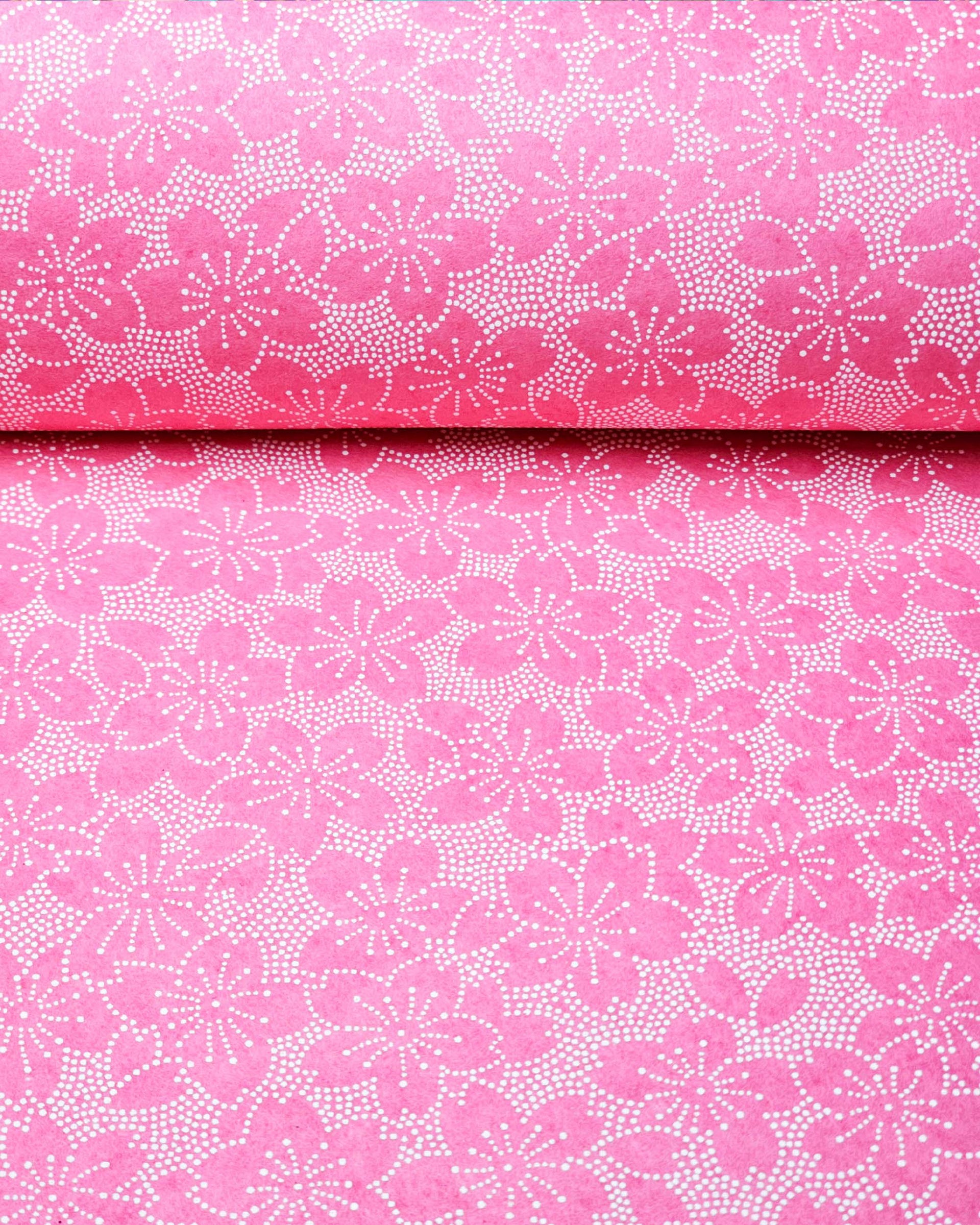 Japanese chiyogami paper featuring a pointillistic cherry blossom design on a pink background.
