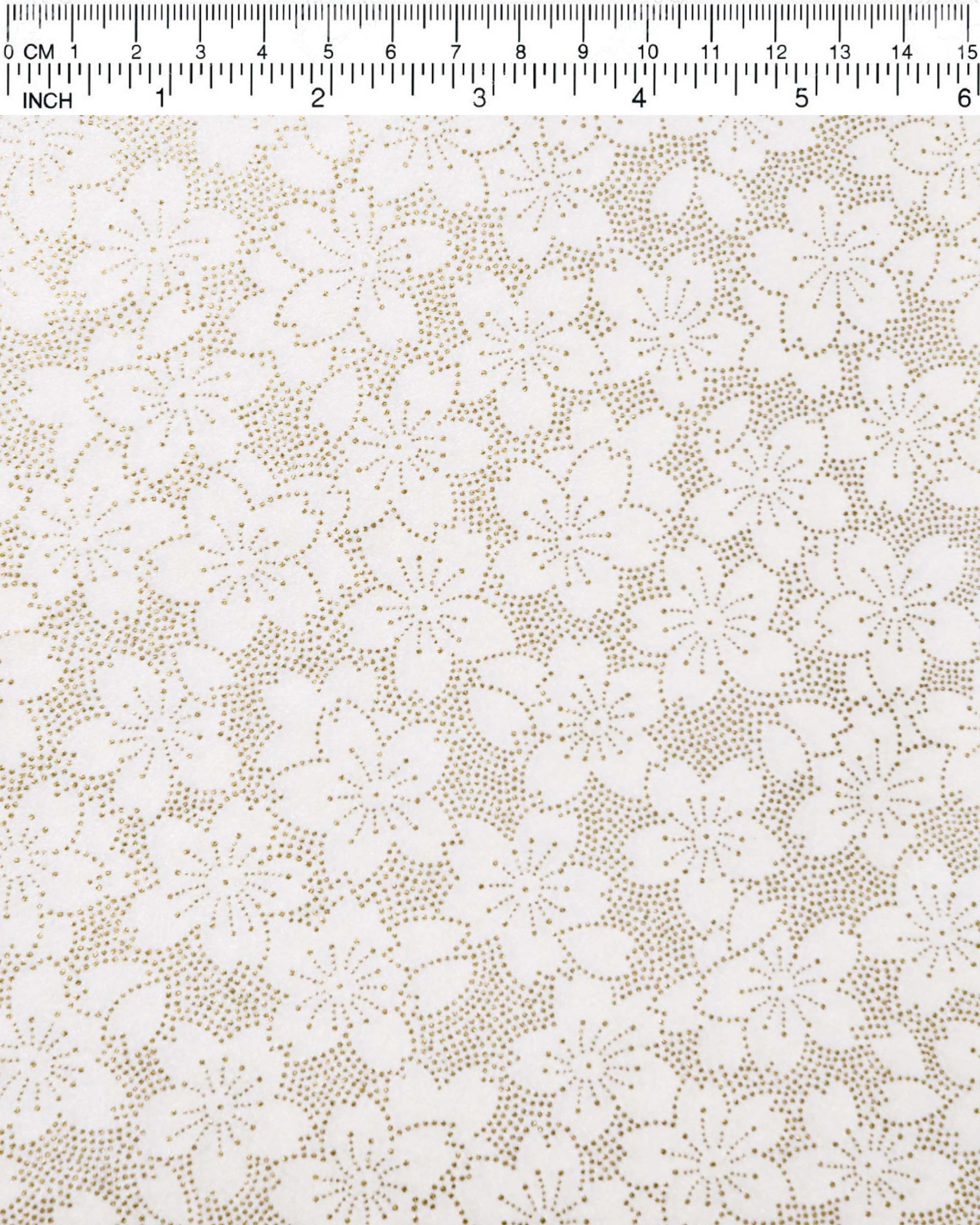Japanese chiyogami paper featuring a metallic gold pointillistic cherry blossom design on a white background.