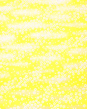 Japanese chiyogami paper featuring small metallic gold and white cherry blossoms on a yellow background.