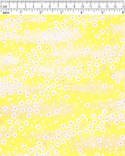 Japanese chiyogami paper featuring small metallic gold and white cherry blossoms on a yellow background.