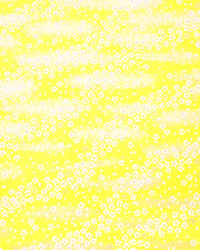 Japanese chiyogami paper featuring small white and gold cherry blossoms on a bright yellow background with metallic gold details.