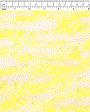 Japanese chiyogami paper featuring small white and gold cherry blossoms on a bright yellow background with metallic gold details.