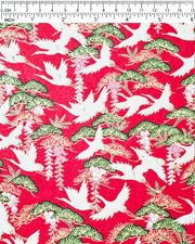 Japanese chiyogami paper featuring white flying cranes, purple and white wisteria, and green pine on a pearlescent red background with metallic gold details.