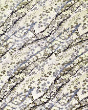 Japanese chiyogami paper featuring an assortment of gray and cream traditional Japanese flowers and leaves on a white, gray, and black gradient background with metallic gold details.
