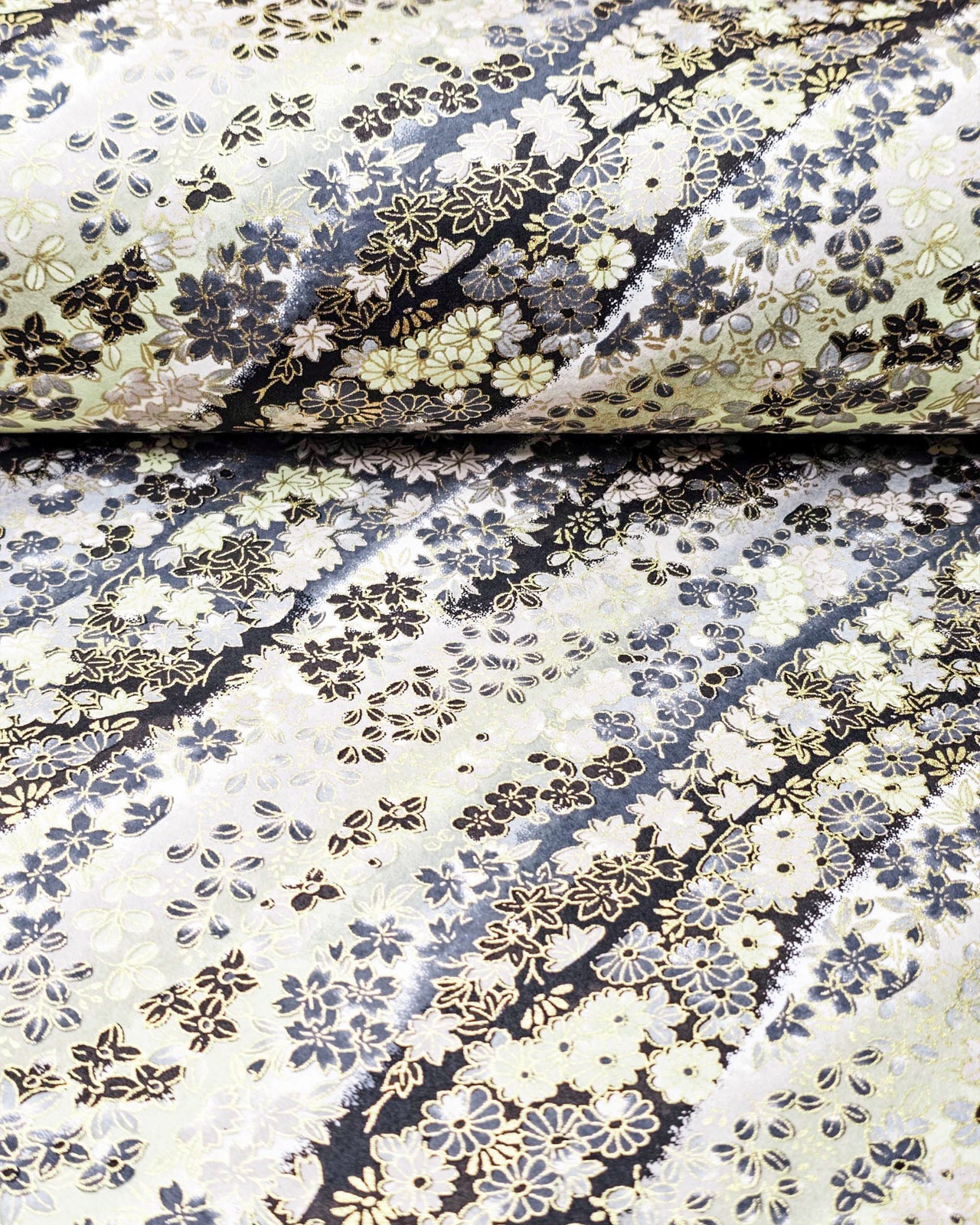 Japanese chiyogami paper featuring assorted gray and cream flowers on a gray and black background with metallic gold accents.