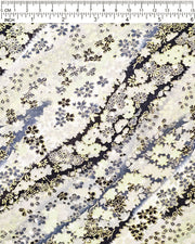 Japanese chiyogami paper featuring assorted gray and cream flowers on a gray and black background with metallic gold accents.