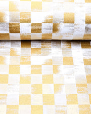 Japanese chiyogami paper featuring a metallic gold ichimatsu design on a white background.