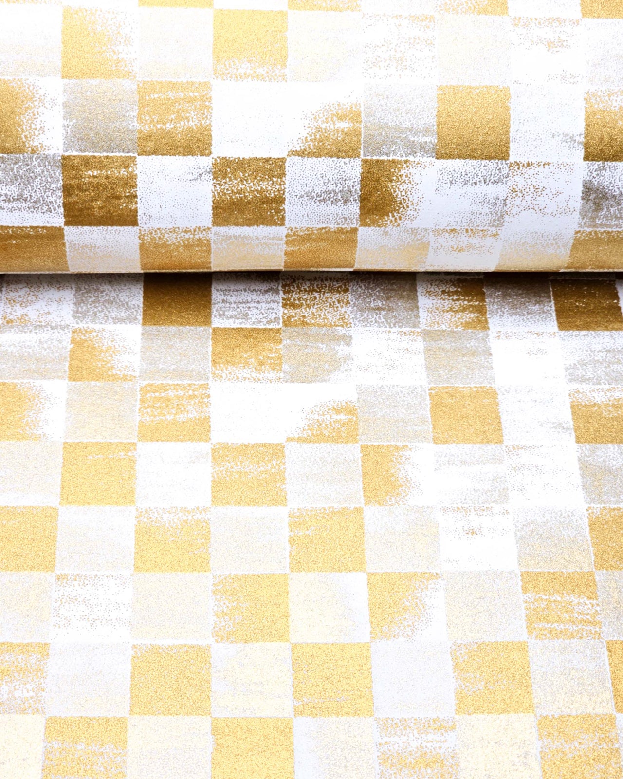 Japanese chiyogami paper featuring a metallic gold ichimatsu (checkered) design with a brushed effect on a white background.