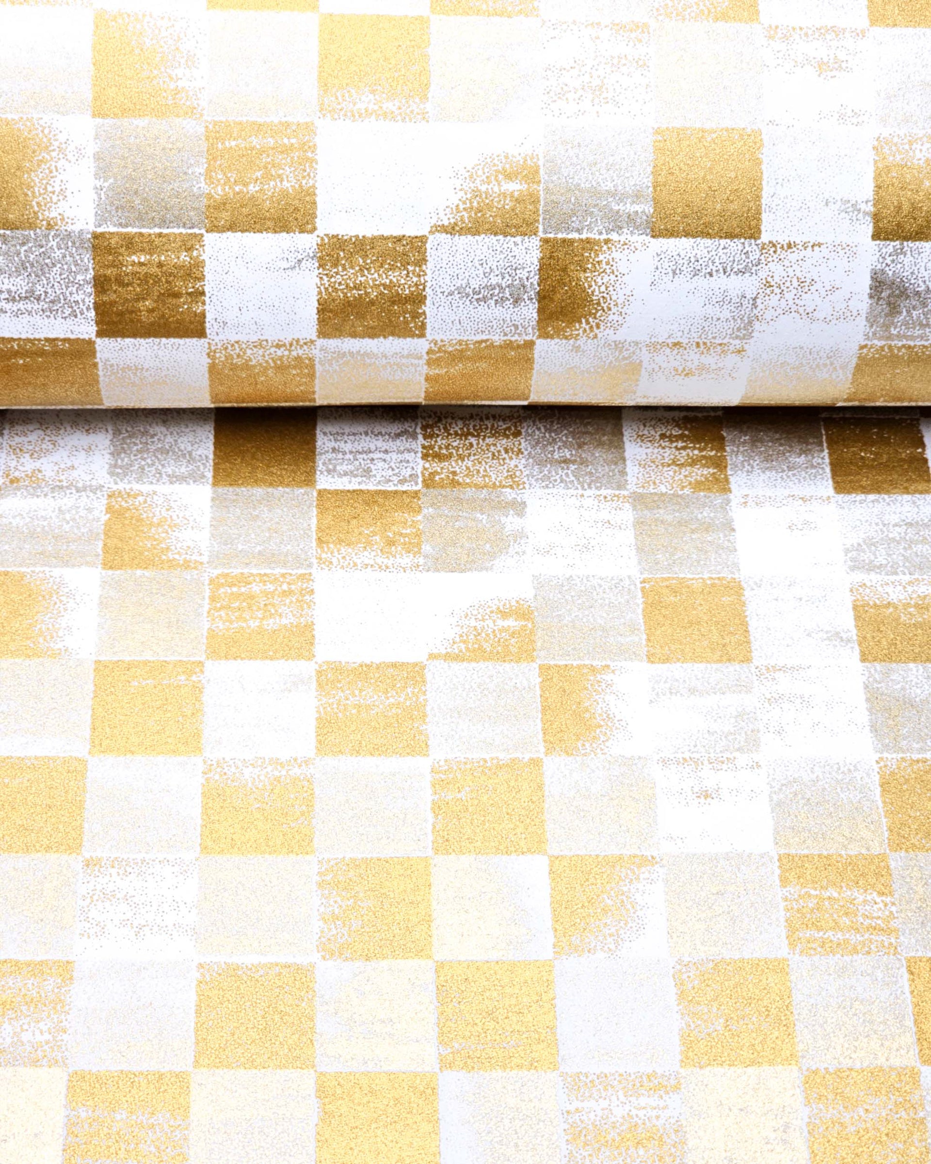 Japanese chiyogami paper featuring a metallic gold ichimatsu (checkered) design with a brushed effect on a white background.