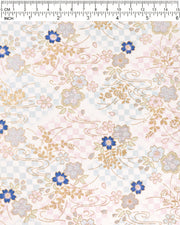 Japanese chiyogami paper featuring blue, pink, and metallic silver cherry blossoms on a blue and purple ichimatsu (checkered) background with metallic gold accents.