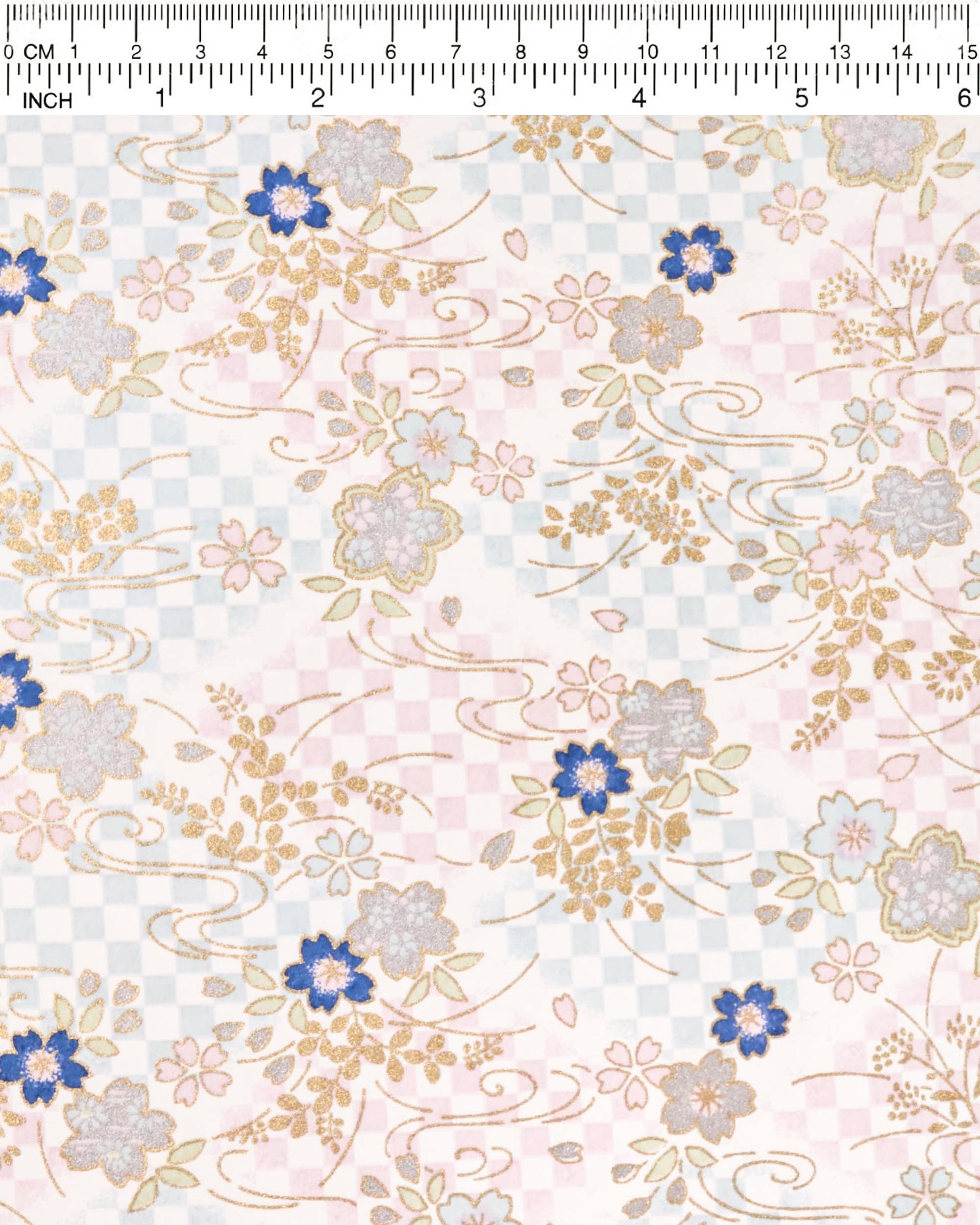 Japanese chiyogami paper featuring blue, pink, and metallic silver cherry blossoms on a blue and purple ichimatsu (checkered) background with metallic gold accents.