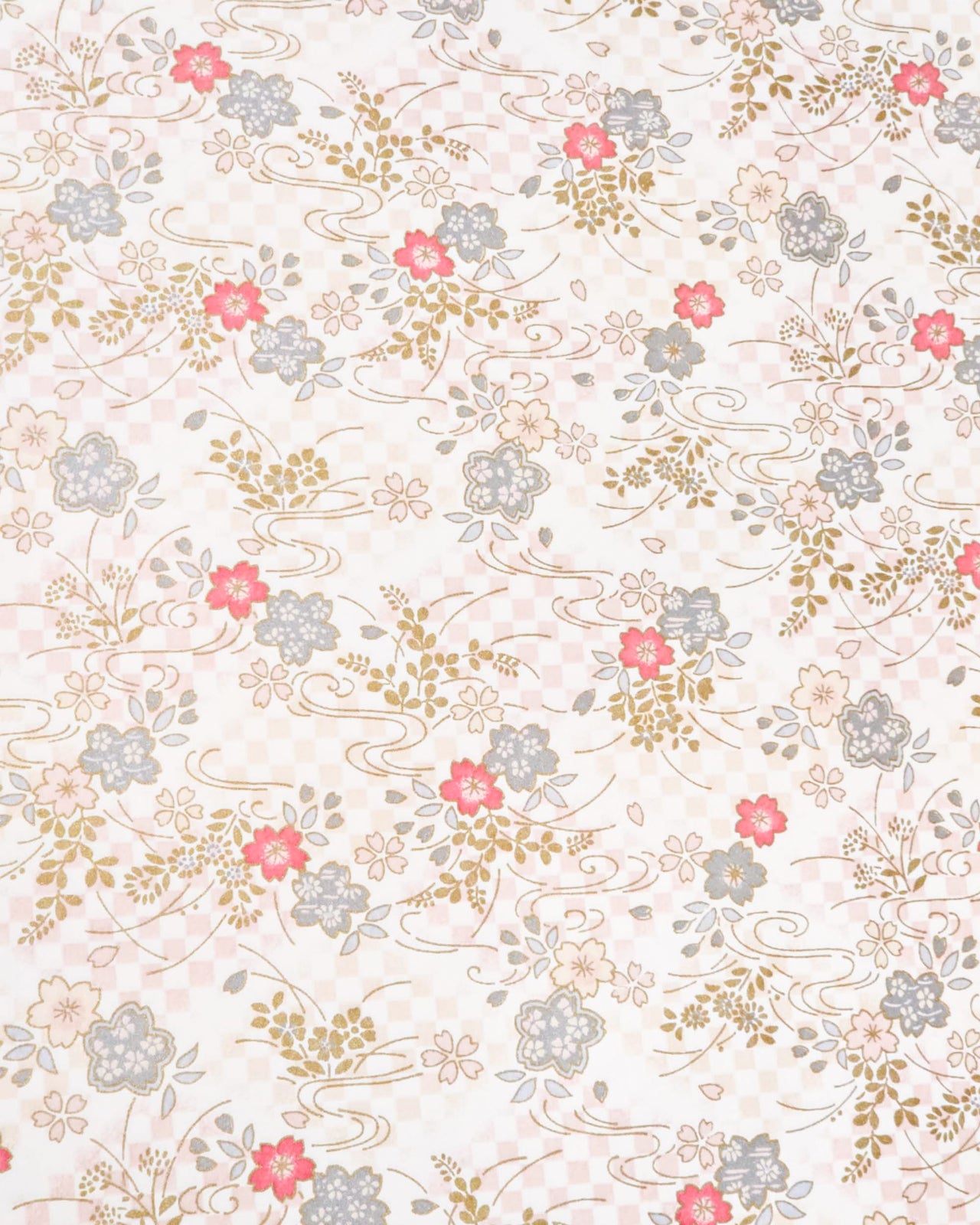 Japanese chiyogami paper featuring light pink, fuchsia, and metallic silver cherry blossoms on a pink and beige ichimatsu (checkered) background with metallic gold accents.