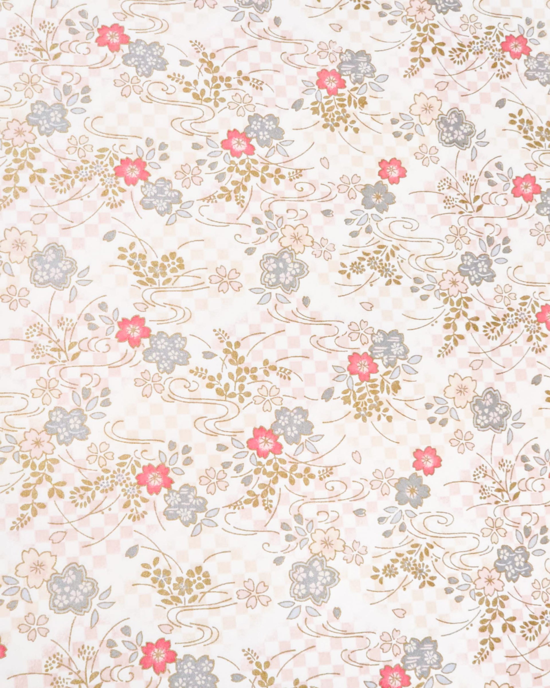 Japanese chiyogami paper featuring light pink, fuchsia, and metallic silver cherry blossoms on a pink and beige ichimatsu (checkered) background with metallic gold accents.