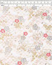 Japanese chiyogami paper featuring light pink, fuchsia, and metallic silver cherry blossoms on a pink and beige ichimatsu (checkered) background with metallic gold accents.