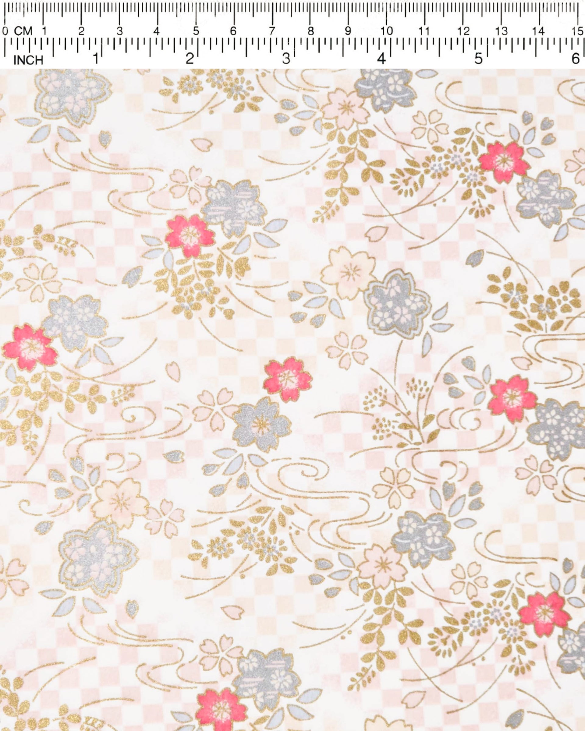 Japanese chiyogami paper featuring light pink, fuchsia, and metallic silver cherry blossoms on a pink and beige ichimatsu (checkered) background with metallic gold accents.