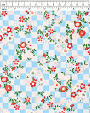 Japanese chiyogami paper featuring light pink, red, and white flowers with green leaves on a light blue ichimatsu (checkered) background with metallic gold accents.