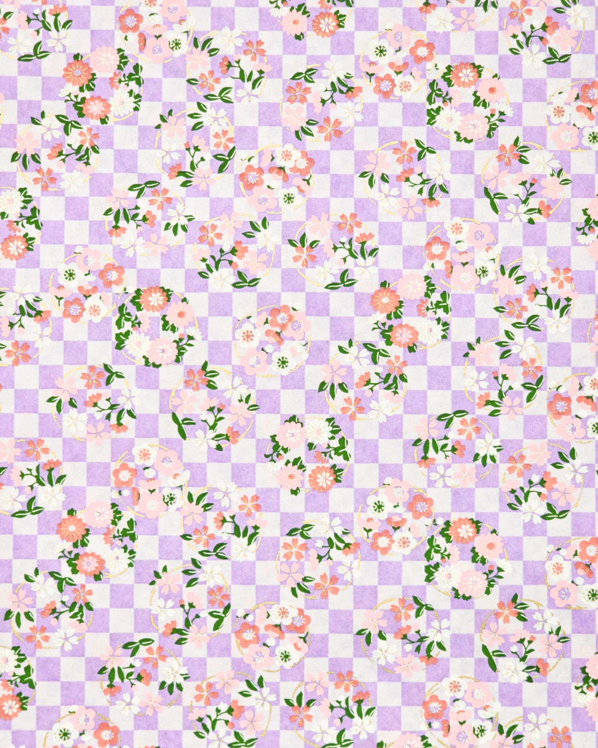 Japanese chiyogami paper featuring light pink, red, and white flowers with green leaves on a light purple ichimatsu (checkered) background with metallic gold accents.