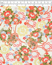 Japanese chiyogami paper featuring assorted red, light blue, and white flowers with green leaves inside red drums on a pearlescent white background with metallic gold accents. 