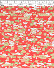 Japanese chiyogami paper featuring small white folded origami cranes with green pine and pink plum blossoms on a red background with metallic gold accents.