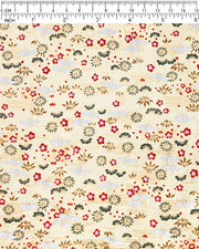 Japanese chiyogami paper featuring small white folded origami cranes with green pine and red plum blossoms on a metallic gold background.