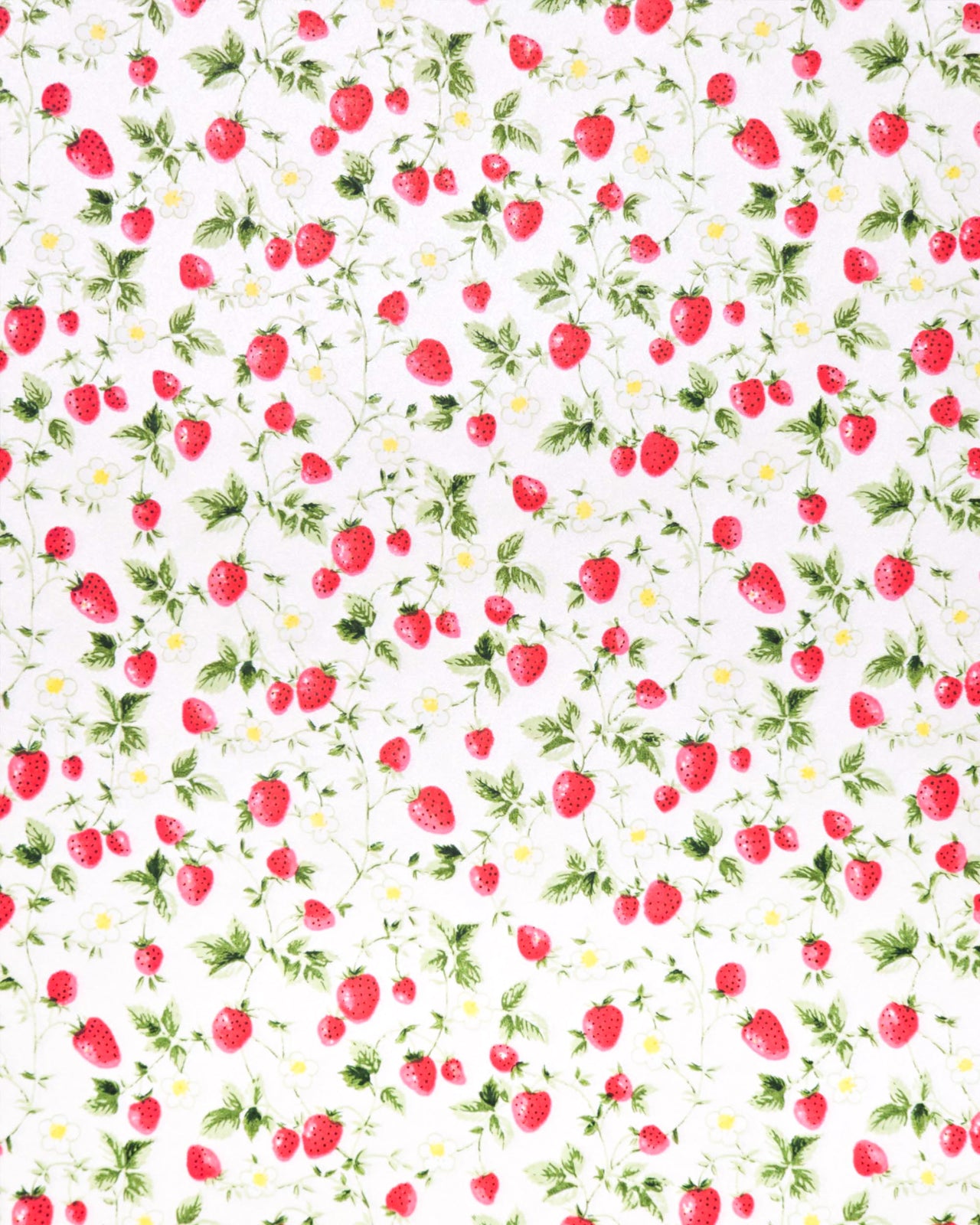 Japanese chiyogami paper featuring red strawberries with green leaves and white flowers with yellow centers on a pearlescent white background. 