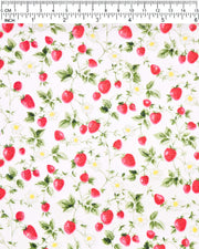 Japanese chiyogami paper featuring red strawberries with green leaves and white flowers with yellow centers on a pearlescent white background, shown next to a ruler for size reference.