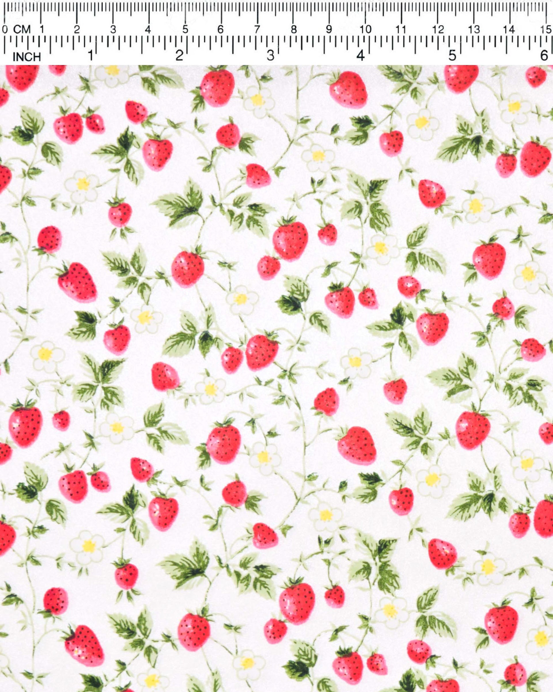 Japanese chiyogami paper featuring red strawberries with green leaves and white flowers with yellow centers on a pearlescent white background, shown next to a ruler for size reference.