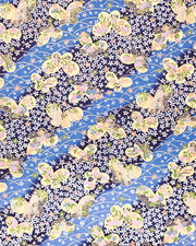 Japanese chiyogami paper featuring metallic gold butterflies with purple and pink flowers on a blue background covered with small white flowers. 