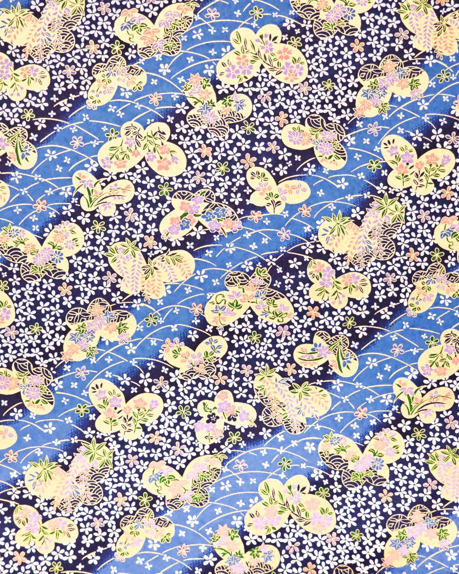 Japanese chiyogami paper featuring metallic gold butterflies with purple and pink flowers on a blue background covered with small white flowers. 