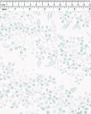 Japanese chiyogami paper featuring light blue and turquoise hagi (bush clover) on a light cream background with metallic silver details, shown next to a ruler for size reference.
