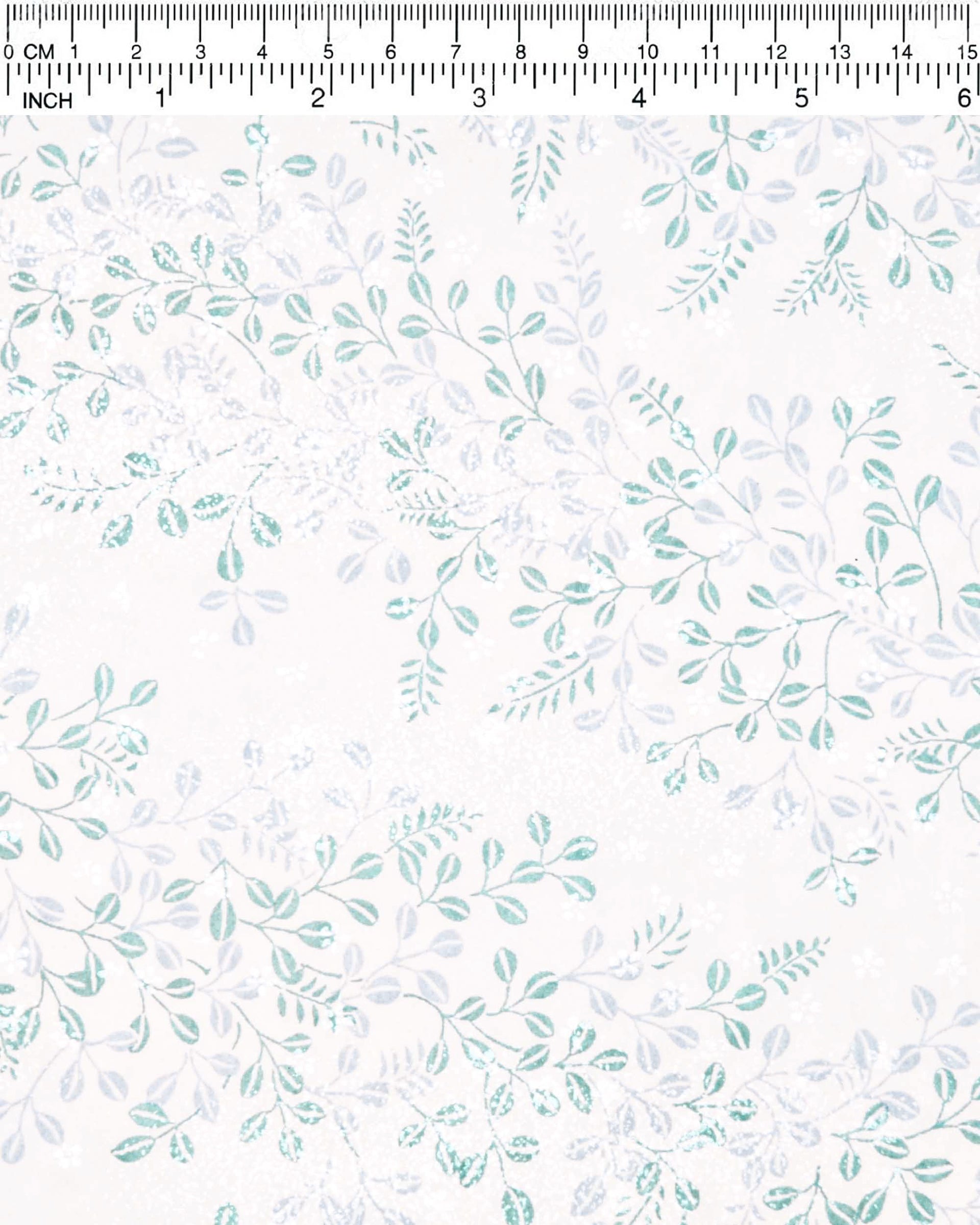 Japanese chiyogami paper featuring light blue and turquoise hagi (bush clover) on a light cream background with metallic silver details, shown next to a ruler for size reference.
