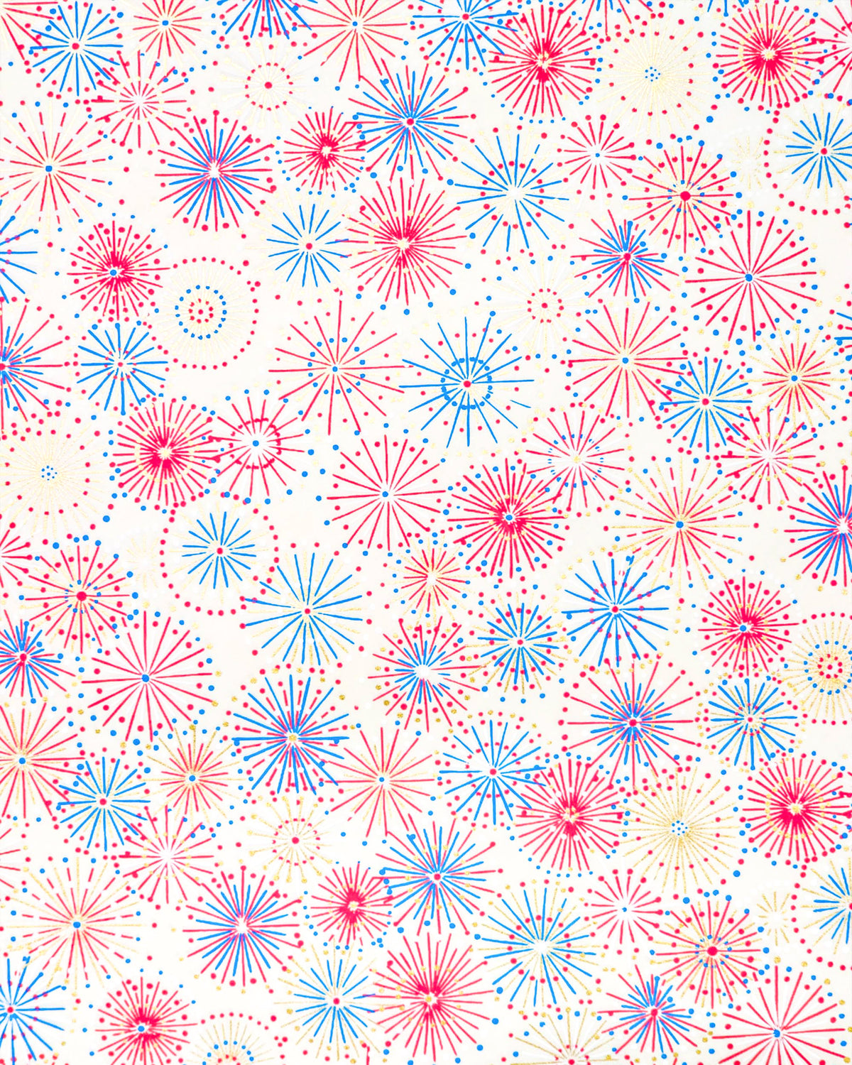 Japanese chiyogami paper featuring colorful red, blue, pink, and white exploding fireworks on a white background with metallic gold details.