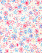 Japanese chiyogami paper featuring colorful red, blue, pink, and white exploding fireworks on a white background with metallic gold details.