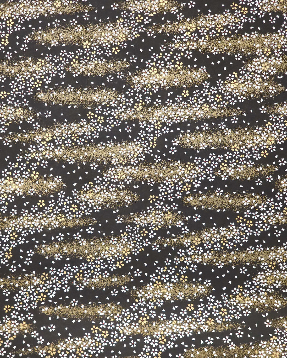 Japanese chiyogami paper featuring small white and gold cherry blossoms on a black background with metallic gold details.