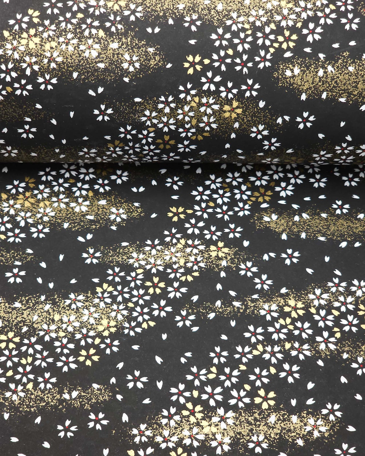 Japanese chiyogami paper featuring small white and gold cherry blossoms on a black background with metallic gold details, shown rolled to highlight the design.