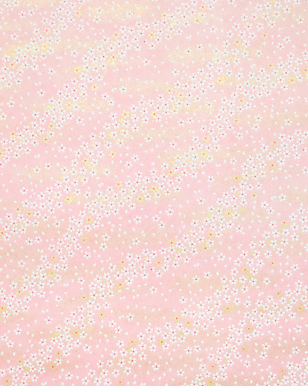 Japanese chiyogami paper featuring small white and gold cherry blossoms on a pink background with metallic gold details.