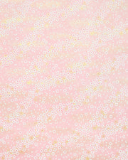 Japanese chiyogami paper featuring small white and gold cherry blossoms on a pink background with metallic gold details.