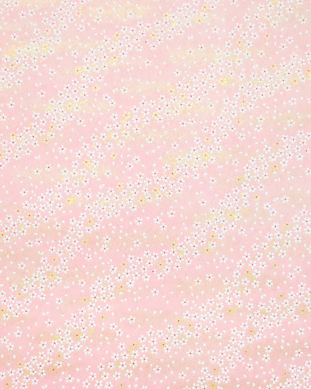 Japanese chiyogami paper featuring small white and gold cherry blossoms on a pink background with metallic gold details.