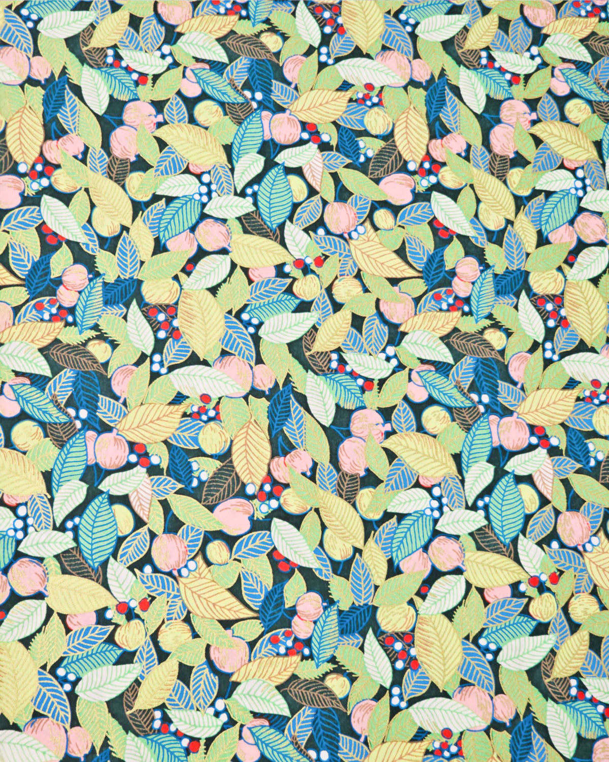Japanese chiyogami paper featuring green, blue, and yellow leaves with pink persimmon fruits on a dark green background with metallic gold details.