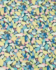 Japanese chiyogami paper featuring green, blue, and yellow leaves with pink persimmon fruits on a dark green background with metallic gold details.