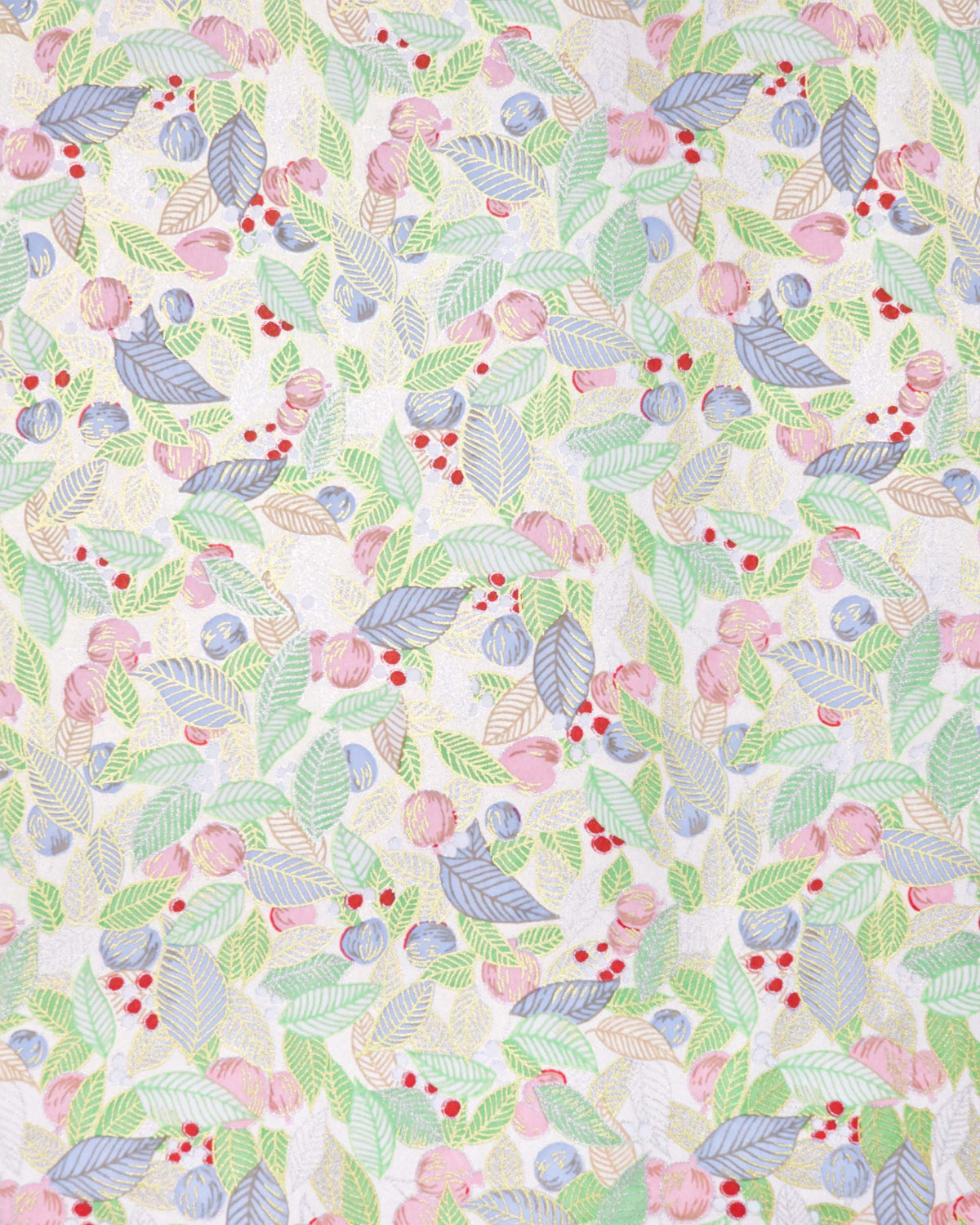 Japanese chiyogami paper featuring green, blue, and silver leaves with pink persimmon fruits on a white background with metallic gold details.