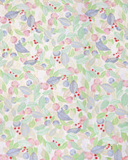 Japanese chiyogami paper featuring green, blue, and silver leaves with pink persimmon fruits on a white background with metallic gold details.