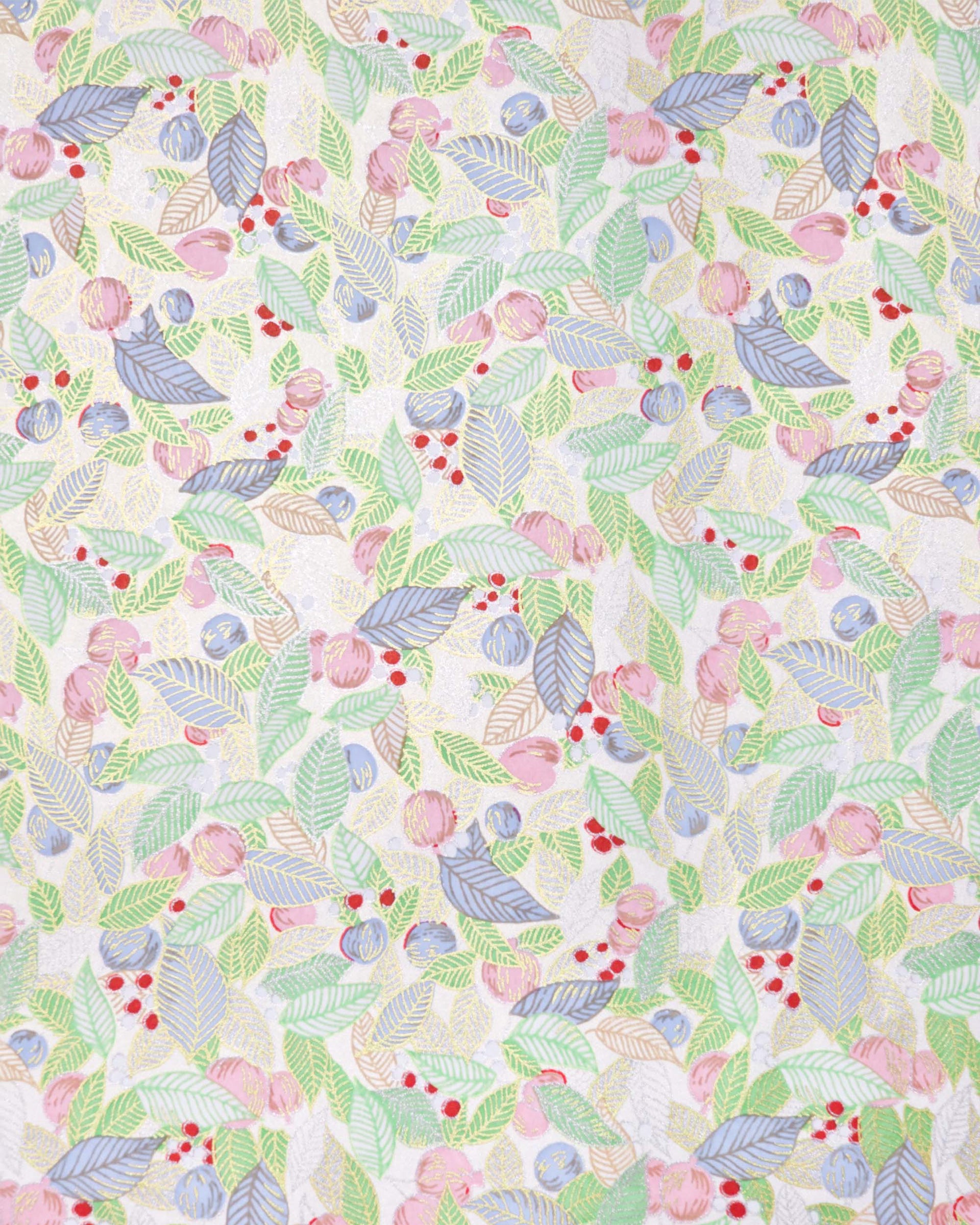 Japanese chiyogami paper featuring green, blue, and silver leaves with pink persimmon fruits on a white background with metallic gold details.